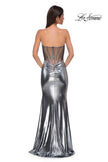 Picture of: Pretty Metallic Jersey Ruched Dress with Sweetheart Neckline in Silver , Style 32806, Detail Picture 12