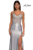 Picture of: Ruched Satin Evening Dress with Sheer Lace Top and Scallop Neckline in Silver, Style: 32689, Detail Picture 17