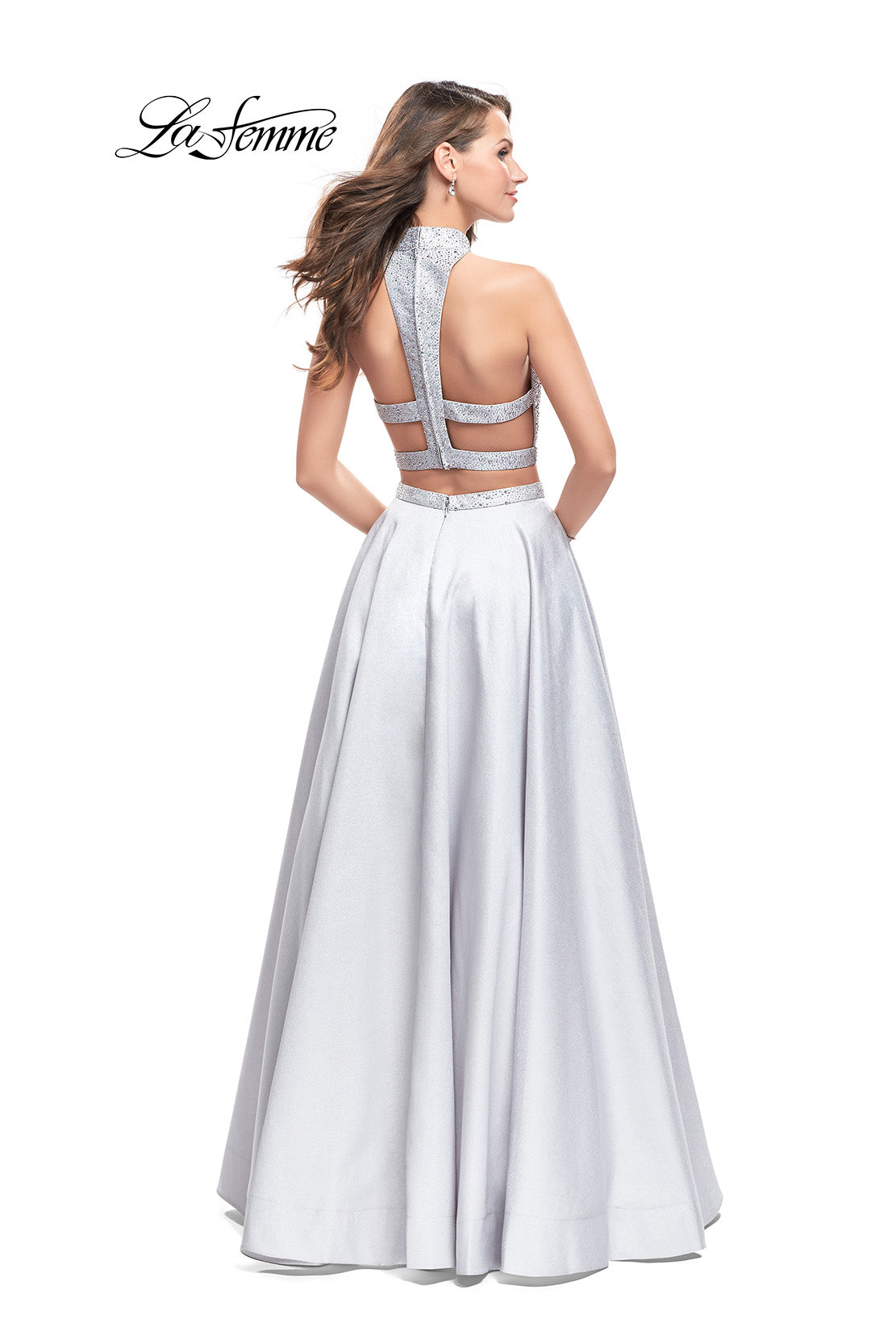 Picture of: Mikado Two Piece A-line Dress with Metallic Beading in Silver, Style: 25705, Back Picture