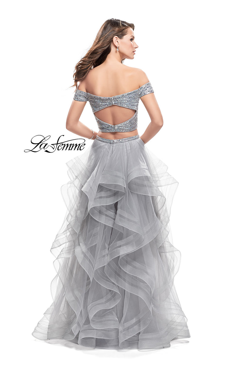 Picture of: Off the Shoulder A-line Gown with Ruffle Tulle Skirt in Silver, Style: 26169, Back Picture