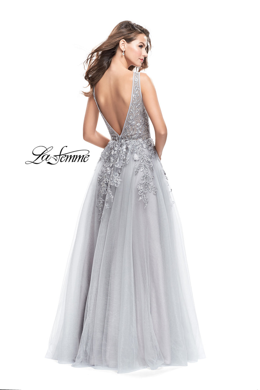 Picture of: A-line Tulle Prom Dress with Floral Lace Applique in Silver, Style: 26353, Back Picture