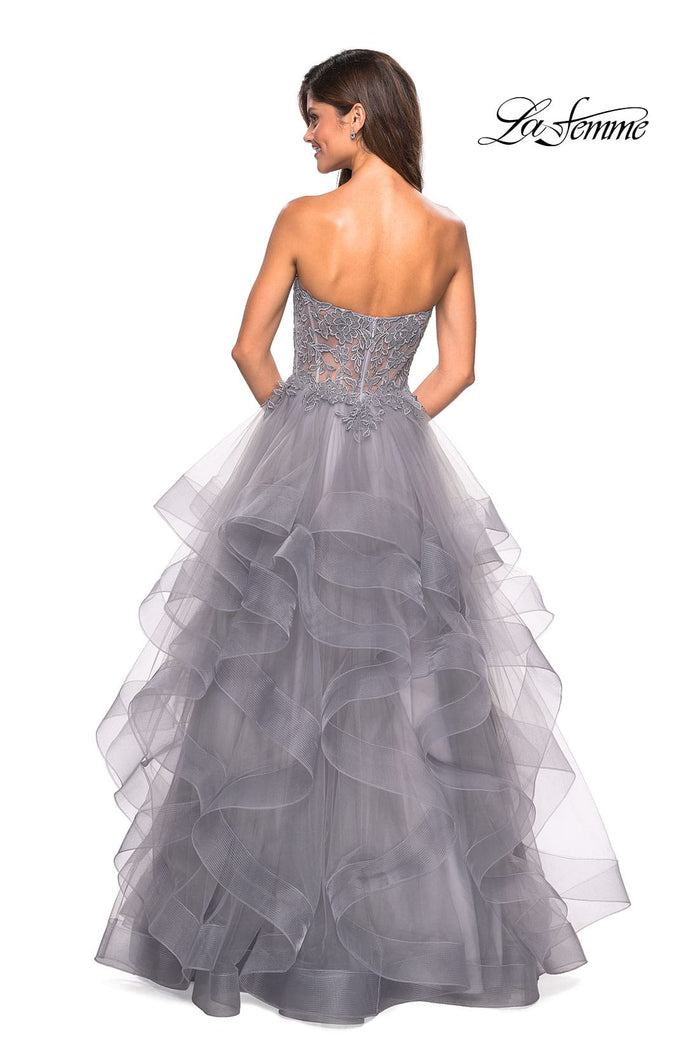 Picture of: Strapless Tulle Prom Gown with Lace Embellishments in Silver, Style: 27620, Back Picture