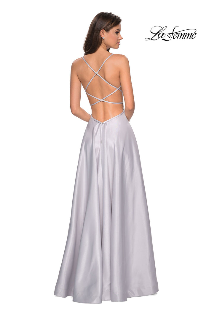 Picture of: Long Mikado Gown with Rhinestone Bodice and Slit in Silver, Style: 27634, Back Picture