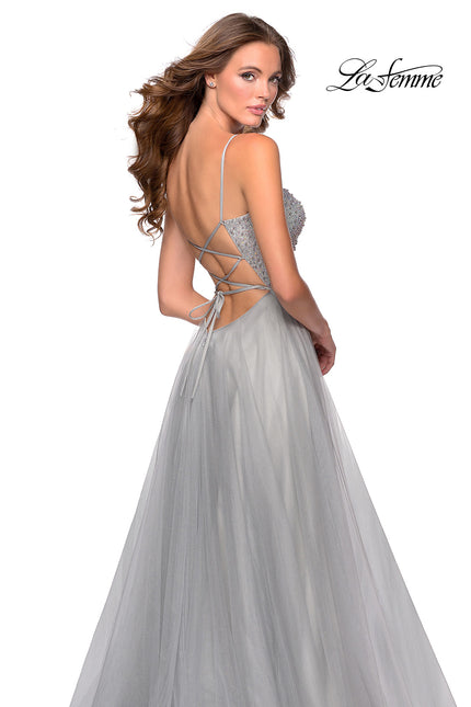 Picture of: Long Tulle Ball Gown with Beaded Bodice and Slit in Silver, Style: 28530, Back Picture