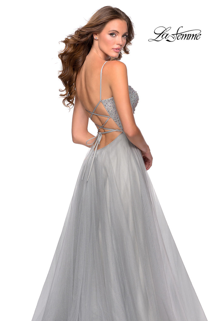 Picture of: Long Tulle Ball Gown with Beaded Bodice and Slit in Silver, Style: 28530, Back Picture