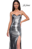 Picture of: Pretty Metallic Jersey Ruched Dress with Sweetheart Neckline in Silver , Style 32806, Detail Picture 19