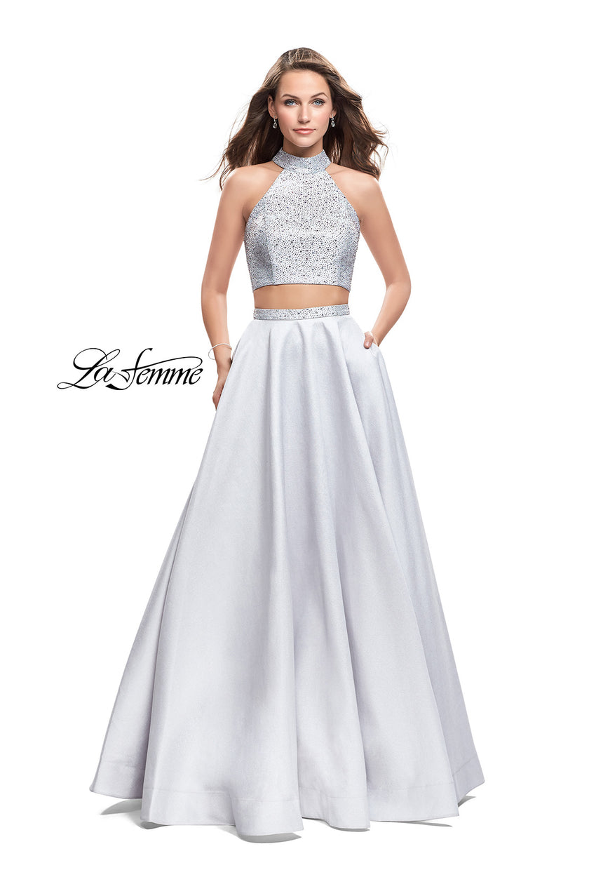 Picture of: Mikado Two Piece A-line Dress with Metallic Beading in Silver, Style: 25705, Detail Picture 1
