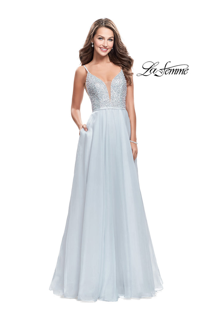 Picture of: A-line Chiffon Prom Gown with Pearl Beaded Bodice in Silver, Style: 26278, Detail Picture 1