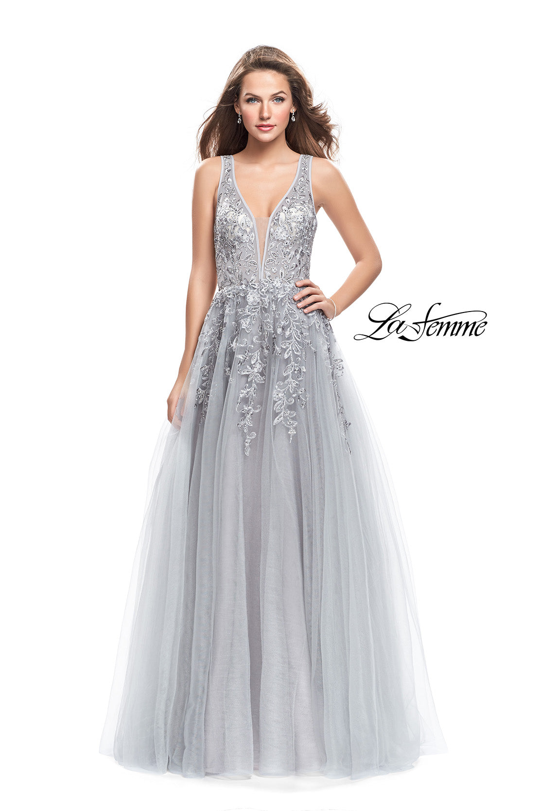 Picture of: A-line Tulle Prom Dress with Floral Lace Applique in Silver, Style: 26353, Detail Picture 1
