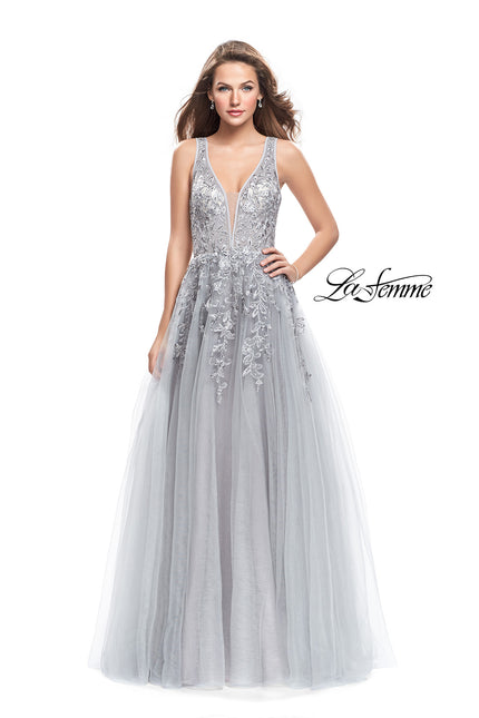 Picture of: A-line Tulle Prom Dress with Floral Lace Applique in Silver, Style: 26353, Detail Picture 1