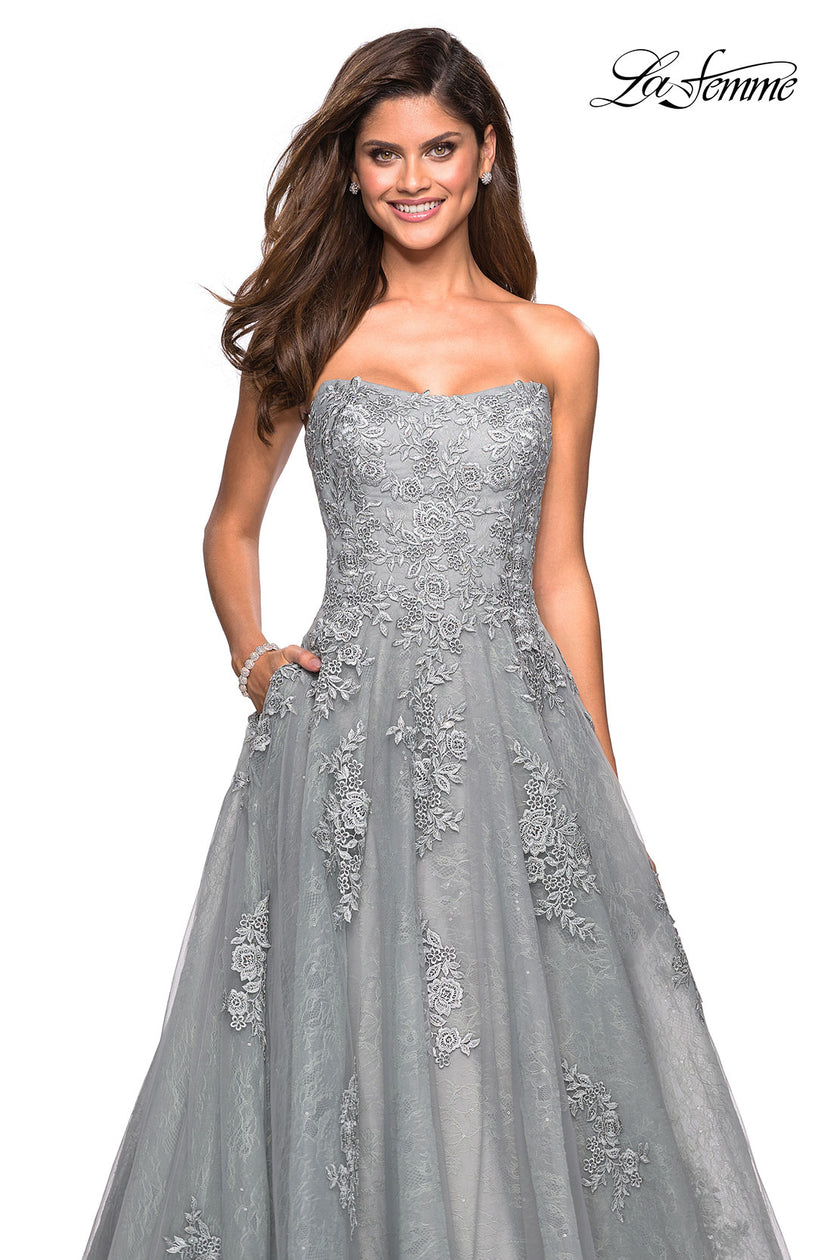 Picture of: Strapless Sweetheart Ball Gown with Lace Details in Silver, Style: 27493, Detail Picture 1