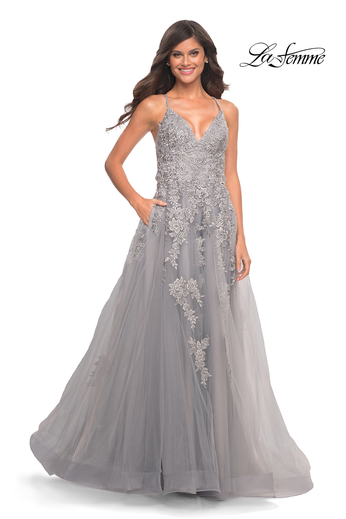 Picture of: Tulle Prom Dress with Lace Detail in Silver in Silver, Style: 30810, Detail Picture 1