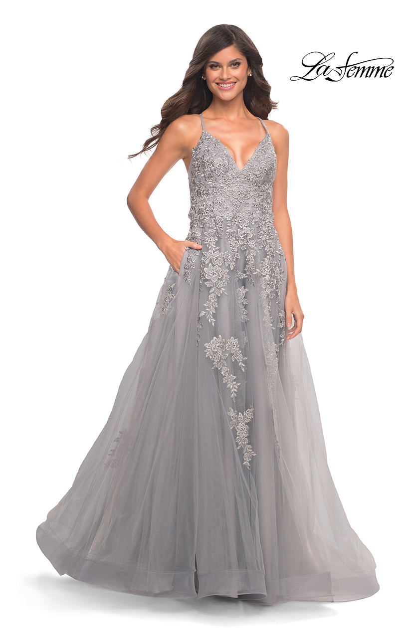 Picture of: Tulle Prom Dress with Lace Detail in Silver in Silver, Style: 30810, Detail Picture 1
