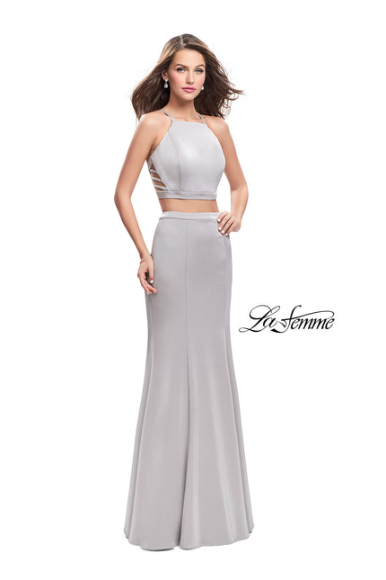 Picture of: Two Piece Jersey Prom Dress with High Neckline in SIlver, Style: 25220, Detail Picture 2