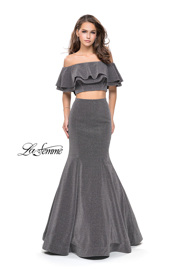 Picture of: Long Sparkling Off the Shoulder Jersey Prom Dress in Silver, Style: 26324, Detail Picture 2