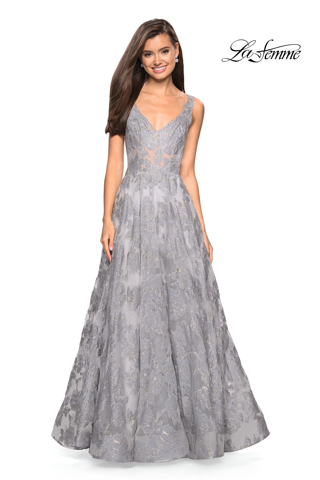 Picture of: Floral A Line Dress with Sheer Bodice and V Back in Silver, Style: 27505, Detail Picture 2