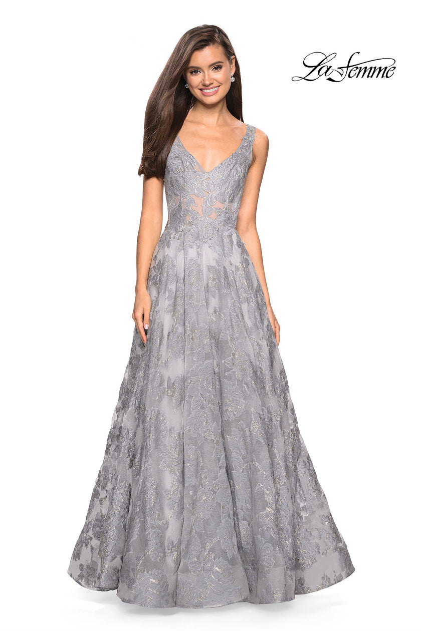 Picture of: Floral A Line Dress with Sheer Bodice and V Back in Silver, Style: 27505, Detail Picture 2