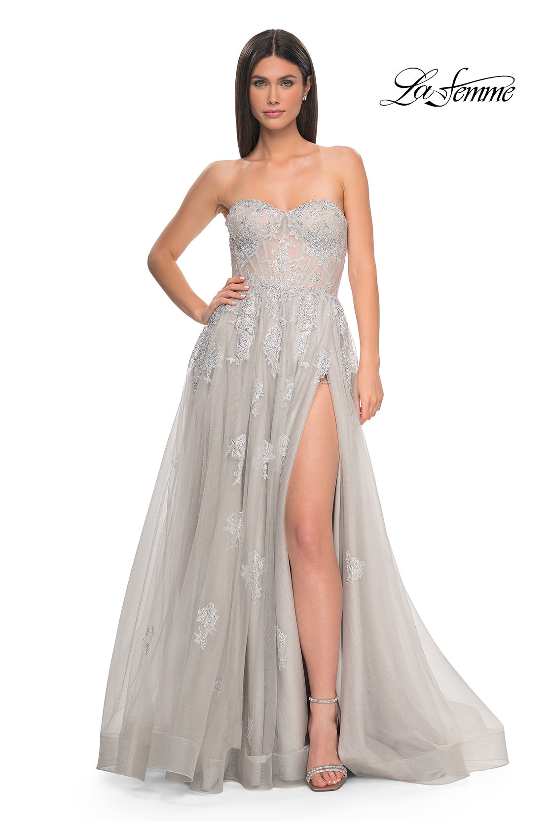 Picture of: Gorgeous Lace A-Line Dress with Rhinestone Lace Details in Silver, Style: 32111, Detail Picture 2