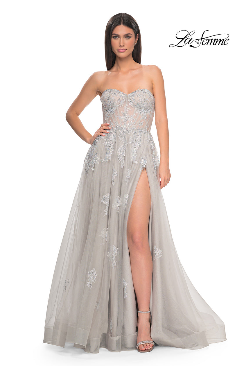 Picture of: Gorgeous Lace A-Line Dress with Rhinestone Lace Details in Silver, Style: 32111, Detail Picture 2