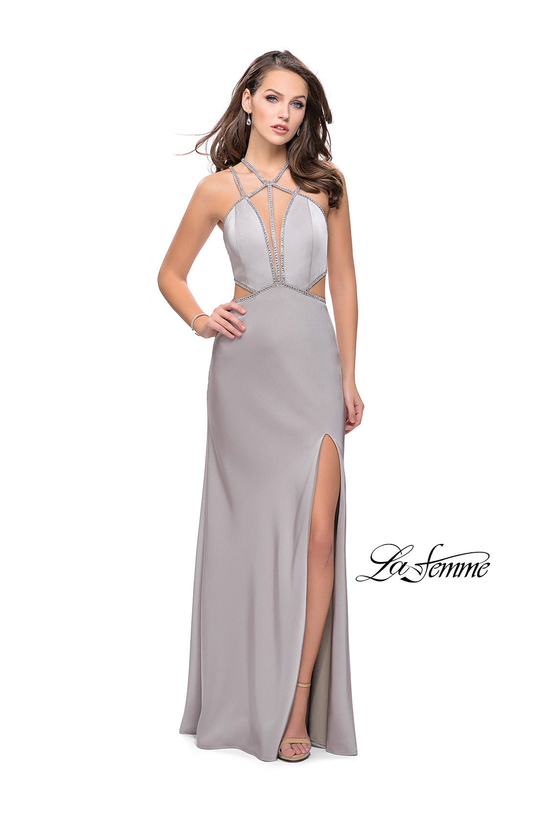 Picture of: Form Fitting Gown with Metallic Embellishments and Slit in Silver, Style: 25508, Detail Picture 3