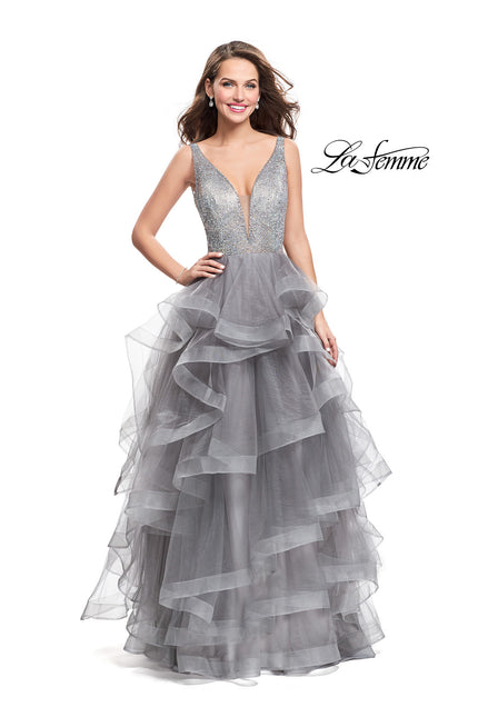 Picture of: Beaded Bodice Ball Gown with Tulle Skirt in Silver, Style: 26223, Detail Picture 3