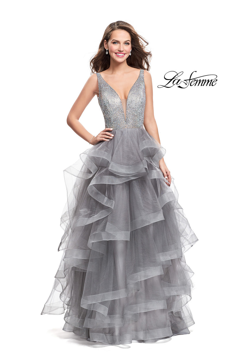 Picture of: Beaded Bodice Ball Gown with Tulle Skirt in Silver, Style: 26223, Detail Picture 3