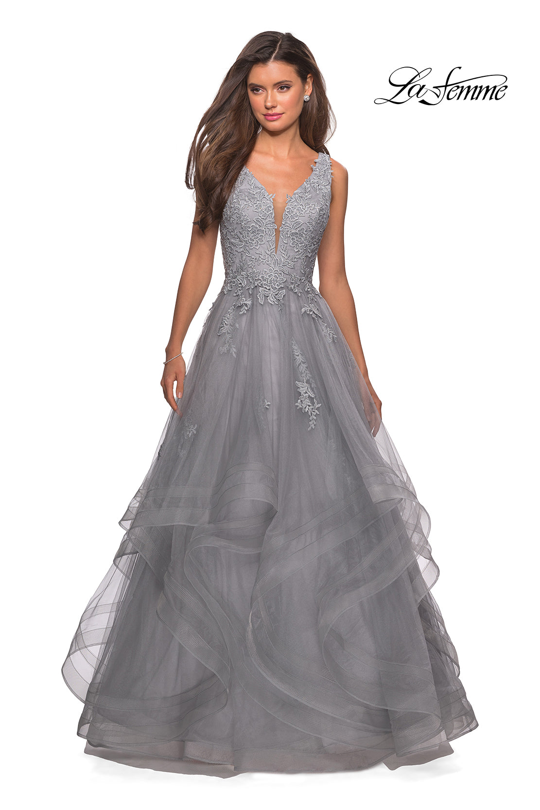 Picture of: Layered Tulle Long Prom Gown with Lace Appliques in Silver, Style: 27256, Detail Picture 3