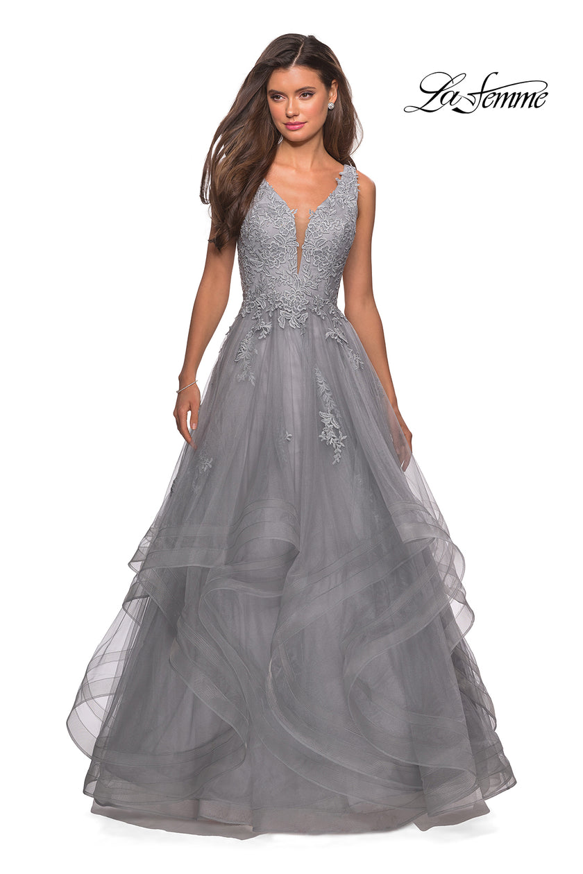 Picture of: Layered Tulle Long Prom Gown with Lace Appliques in Silver, Style: 27256, Detail Picture 3