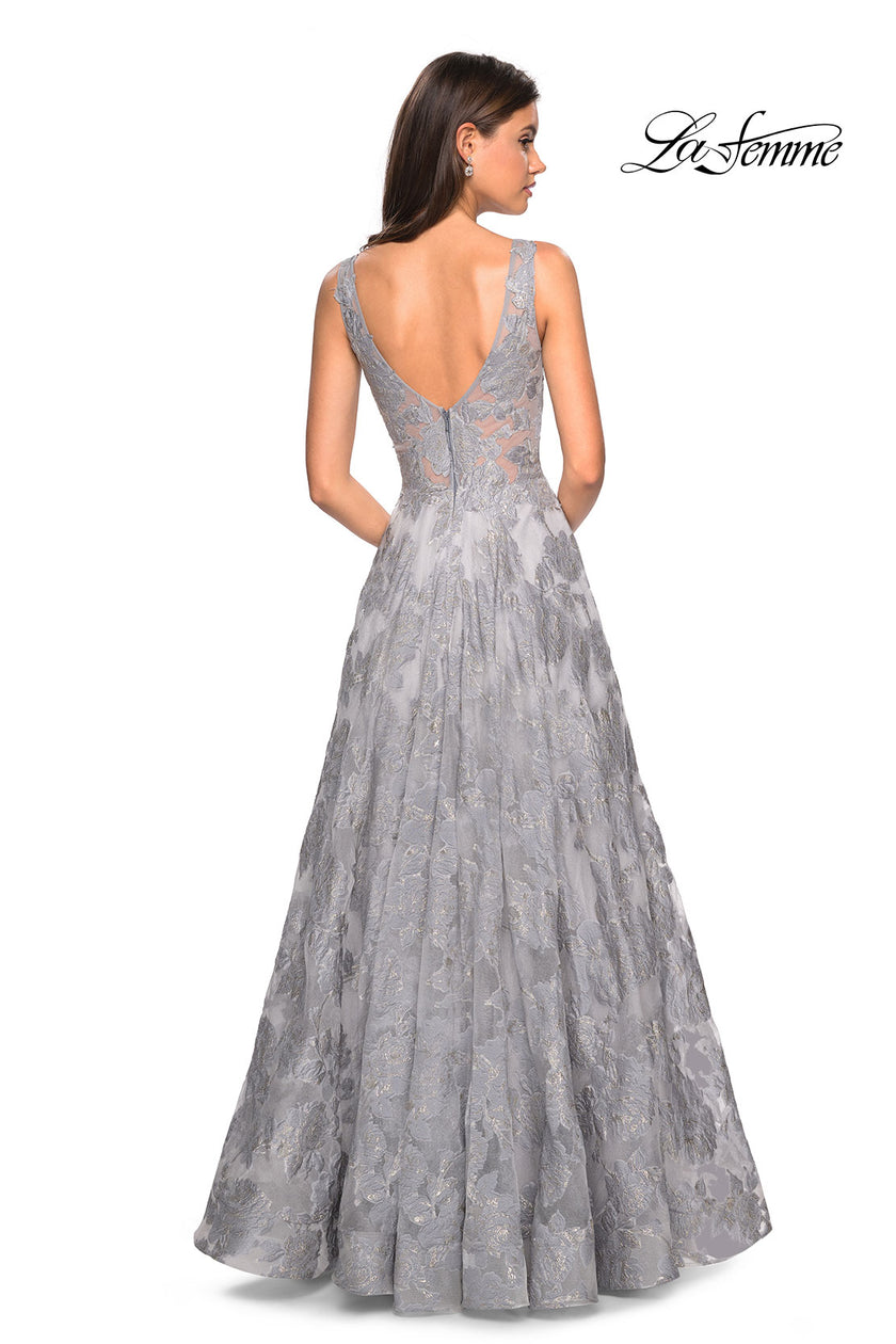 Picture of: Floral A Line Dress with Sheer Bodice and V Back in Silver, Style: 27505, Detail Picture 3