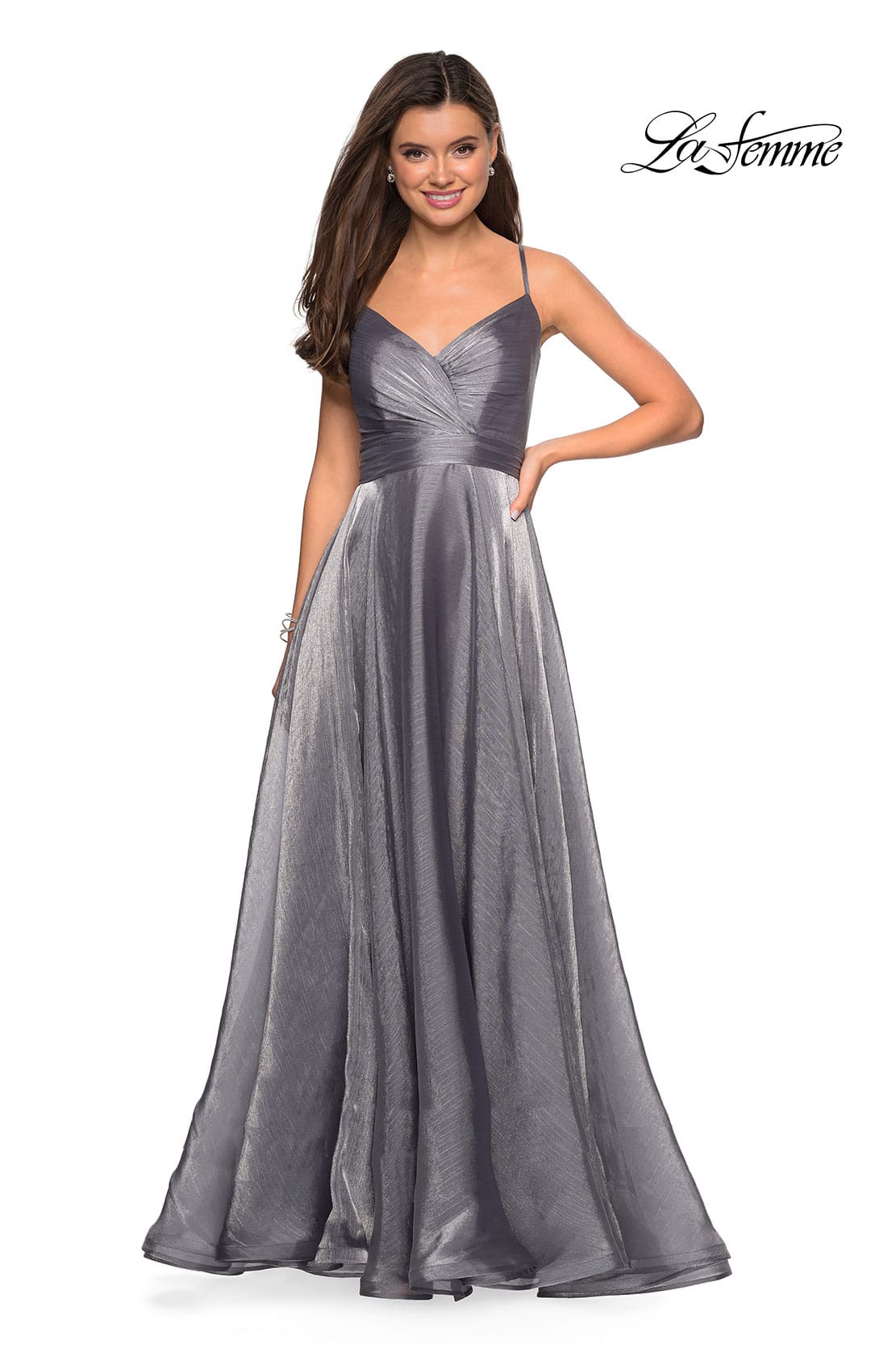 Picture of: Long Metallic Chiffon Dress with Ruching and V Back in Silver, Style: 27616, Detail Picture 3