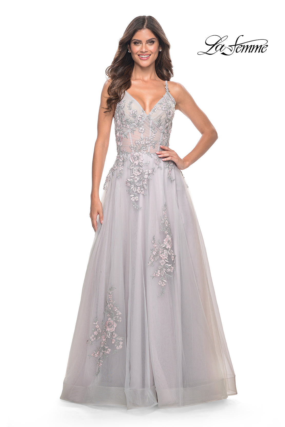 Picture of: A-Line Tulle Prom Dress with Scattered Lace Applique in Silver, Style: 31939, Detail Picture 3