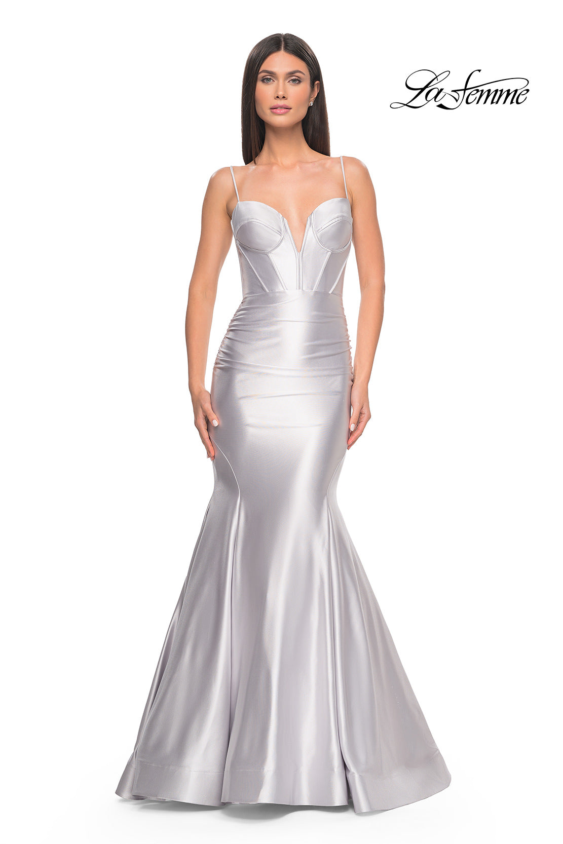 Picture of: Satin Mermaid Prom Gown with Corset Top in Silver, Style: 32269, Detail Picture 3