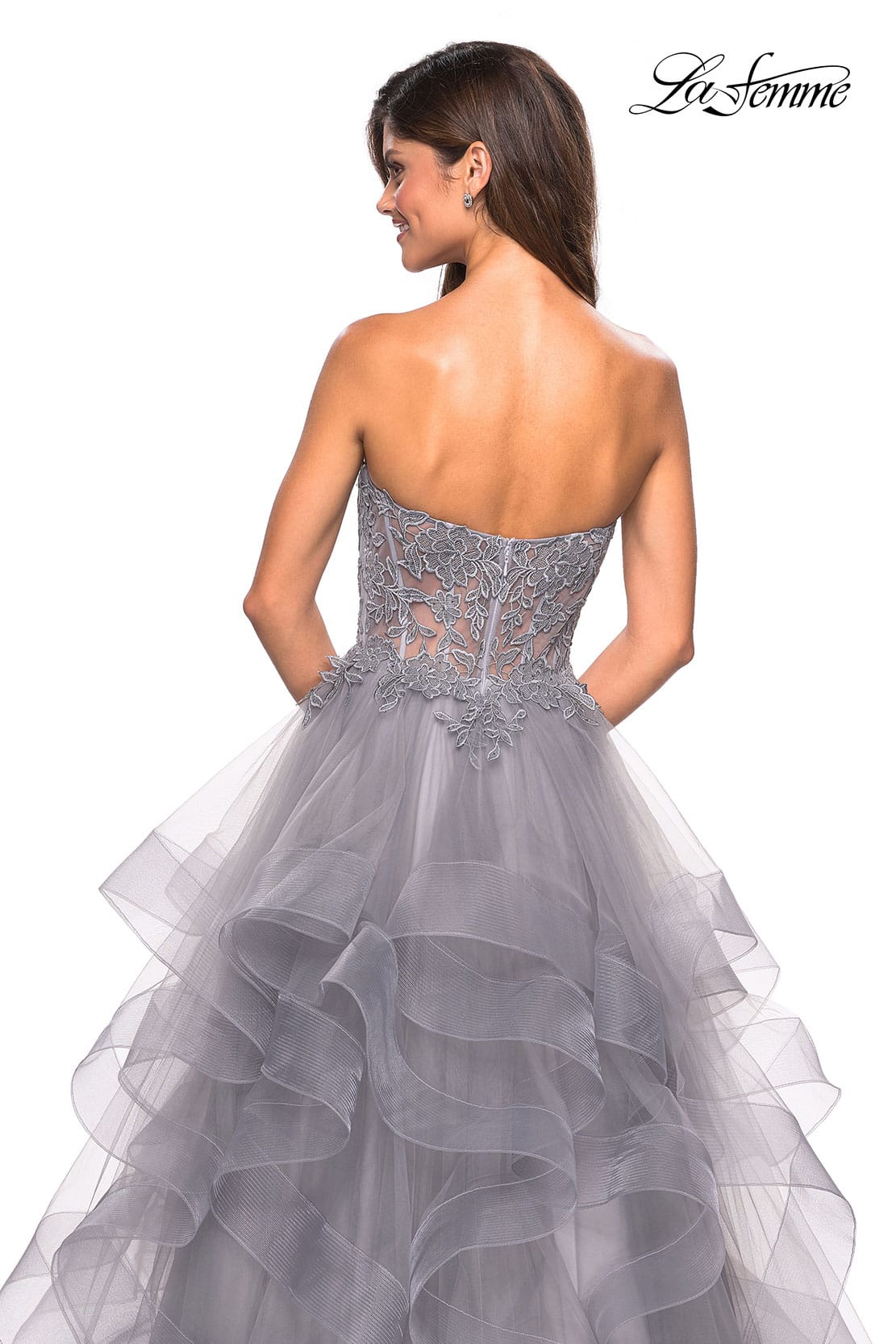 Picture of: Strapless Tulle Prom Gown with Lace Embellishments in Silver, Style: 27620, Detail Picture 4