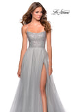 Picture of: Long Tulle Ball Gown with Beaded Bodice and Slit in Silver, Style: 28530, Detail Picture 4