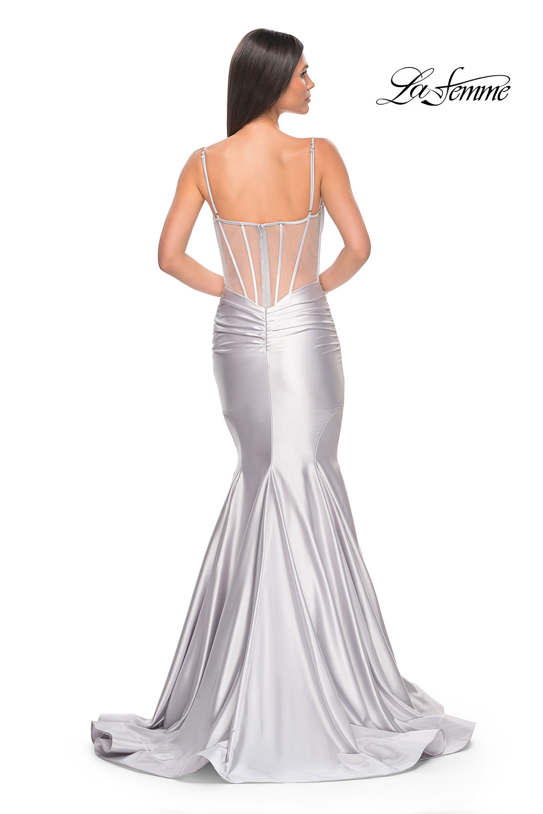 Picture of: Satin Mermaid Prom Gown with Corset Top in Silver, Style: 32269, Detail Picture 4