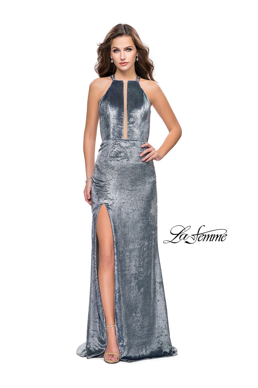 Picture of: Long Velvet Prom Dress with Leg Slit and Open Back in Silver, Style: 25861, Detail Picture 5