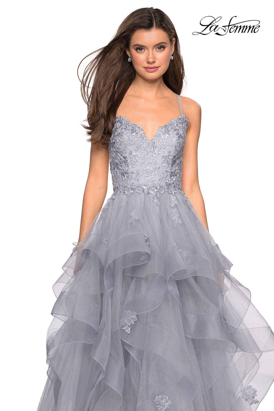 Picture of: Floor Length Tulle Dress with Floral Embellishments in Silver, Style: 27579, Detail Picture 5