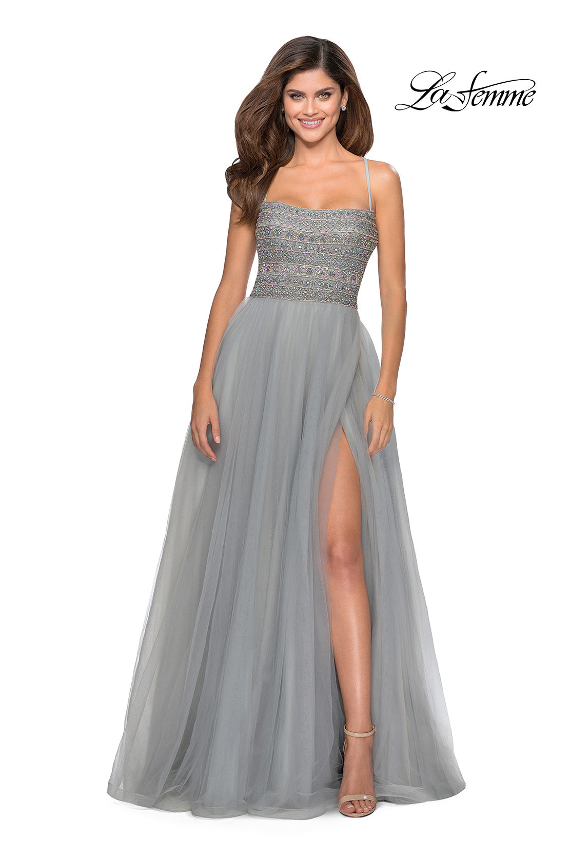 Picture of: Long Tulle Prom Dress with Beaded Bodice in Silver, Style: 28535, Detail Picture 6