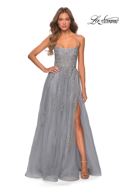 Picture of: A-line Tulle Gown with Floral Embroidery and Pockets in Silver, Style: 28470, Detail Picture 7