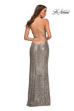 Picture of: Draped Slit Long Sequin Gown with Lace Up Back in Silver, Detail Picture 7