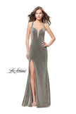 Picture of: Form Fitting Jersey Gown with Leg Slit and Open Back in Silver Gold, Style: 25901, Main Picture