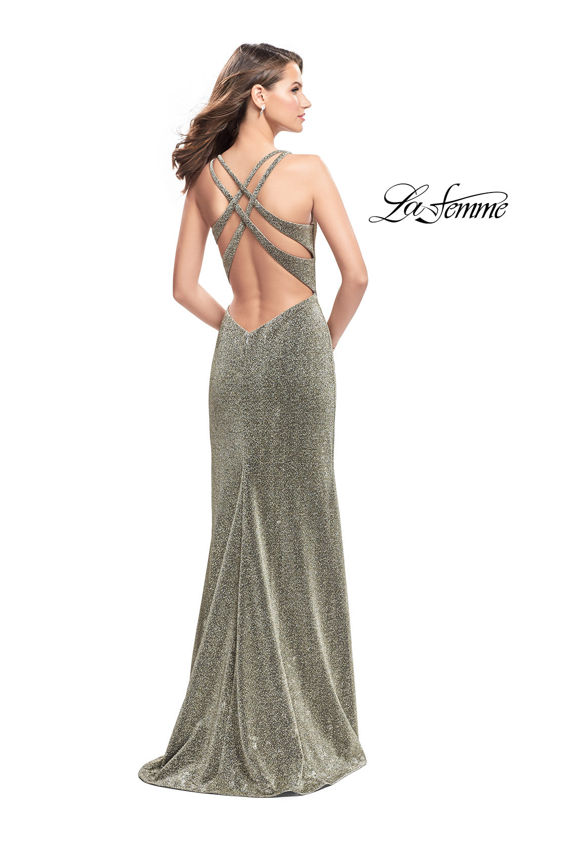 Picture of: Form Fitting Jersey Gown with Leg Slit and Open Back in Silver Gold, Style: 25901, Back Picture