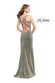 Picture of: Form Fitting Jersey Gown with Leg Slit and Open Back in Silver Gold, Style: 25901, Back Picture