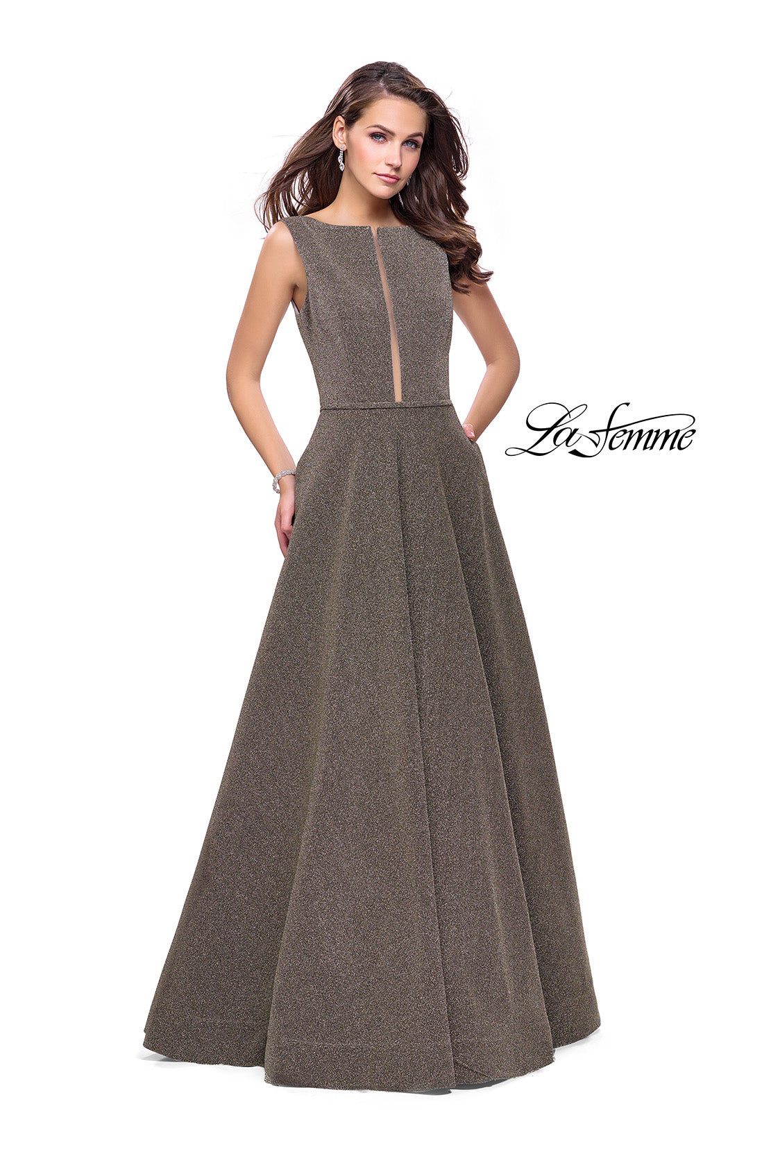 Picture of: High Neck Sparkling A-line Dress with Strappy Open Back in Silver Gold, Style: 25895, Detail Picture 1