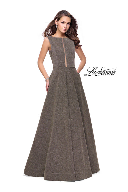 Picture of: High Neck Sparkling A-line Dress with Strappy Open Back in Silver Gold, Style: 25895, Detail Picture 1