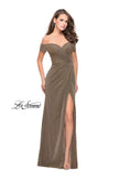 Picture of: Off the Shoulder Prom Dress with Wrap Side Leg Slit in Silver Gold, Style: 25955, Detail Picture 3
