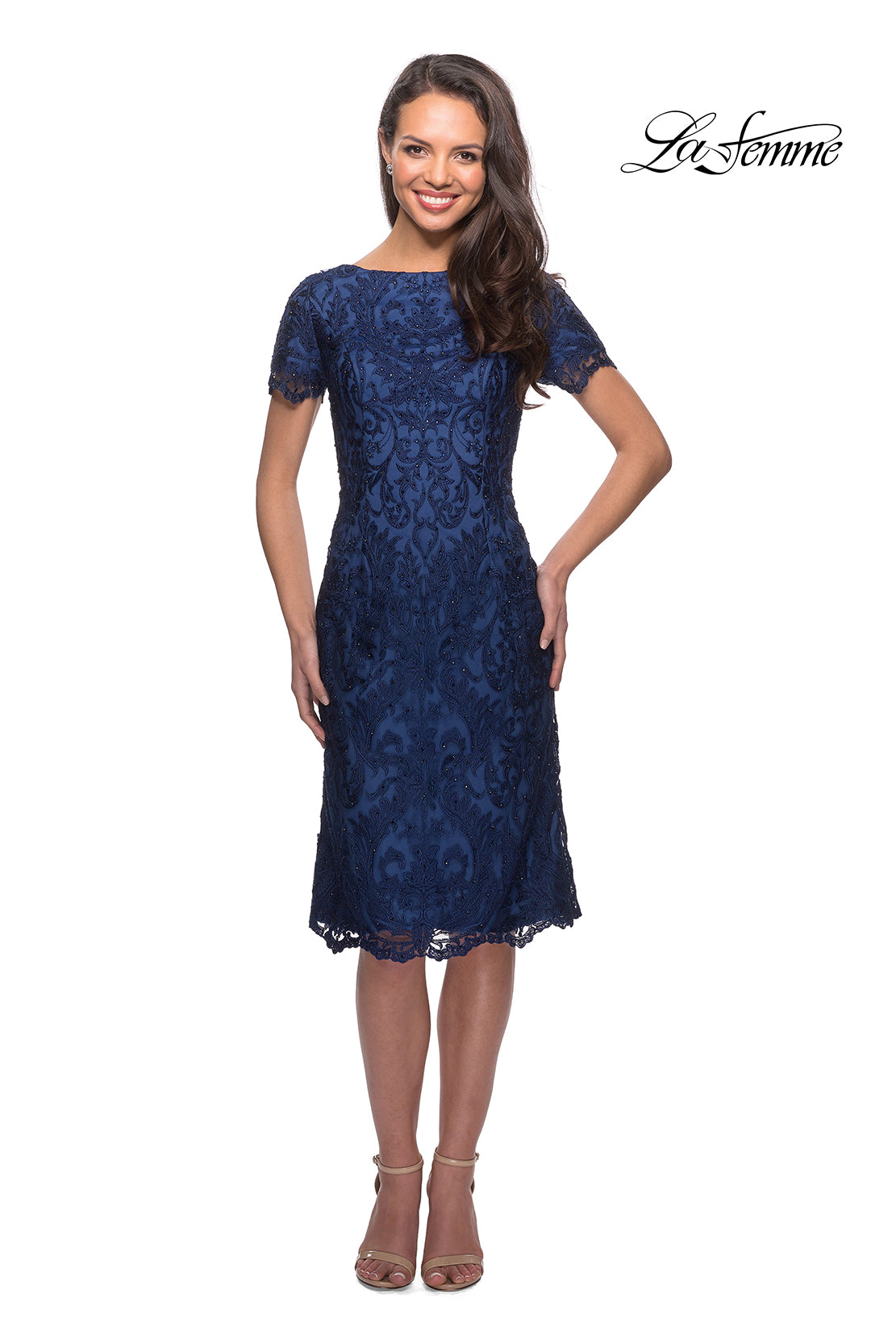 Picture of: Lace Short Dress with Short Sleeves and Rhinestones in Slate Blue, Style: 25633, Main Picture