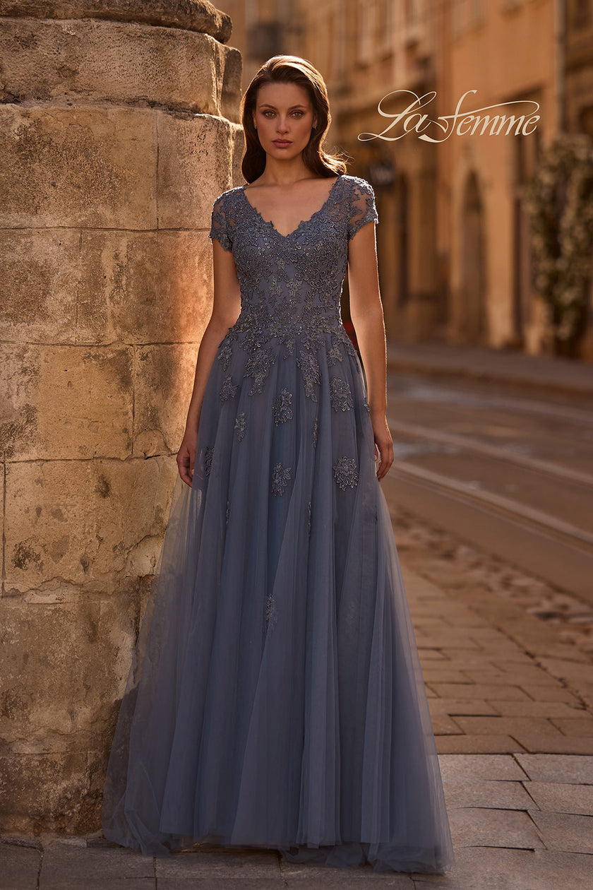 Picture of: Tulle A Line Gown with Lace Applique and V Neck, Style: 29380, Main Picture