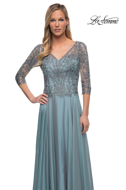 Picture of: Chiffon Dress with Sheer Lace Three-Quarter Sleeves in Slate Blue, Main Picture
