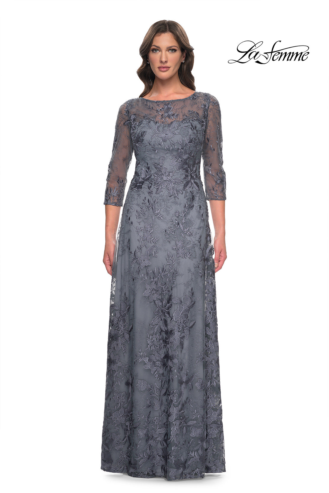 Picture of: Lace Mother of the Bride Dress with Illusion Neckline and Sleeves in Slate Blue, Style: 30060, Main Picture